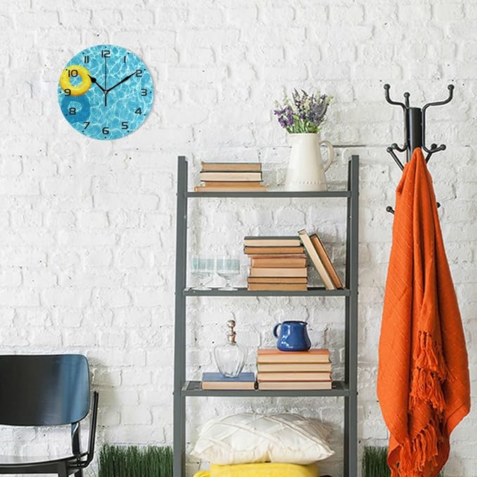 Blue Swimming Pool Wall Clock, Silent Non Ticking 10 Inch Battery Operated Wall Clocks, Easy to Read Clock for Home Kitchen Living Room Bathroom Office Decor