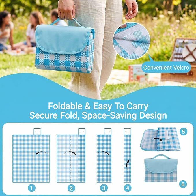 Waterproof Foldable Picnic Blanket Outdoor with Carry Strap,80"X60" Extra Large Beach Blanket Sandproof,Portable Soft Gingham Picnic Mat for Camping Travel Hiking Family Concerts Park(Blue)