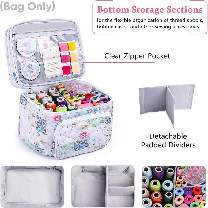 AMOIGEE Double-Layer Sewing Organizer Storage Bag with 2 Detachable Pouches, Large Quilted Sewing Basket for Supplies & Tools, Portable Travel Sewing Kit Case, Gift for Mom(Bag ONLY)
