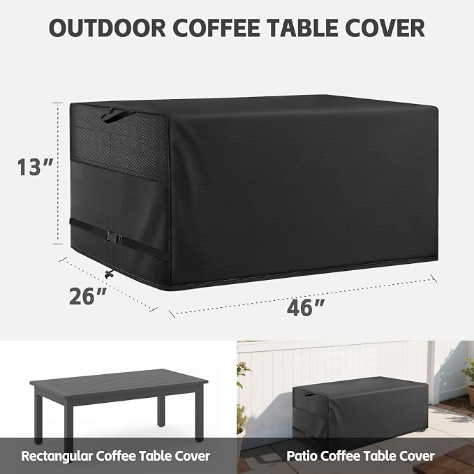 Patio Coffee Table Cover, Black, 46" L x 26" W x 13" H | Heavy Duty, Outdoor Waterproof, Rectangular Coffee Table