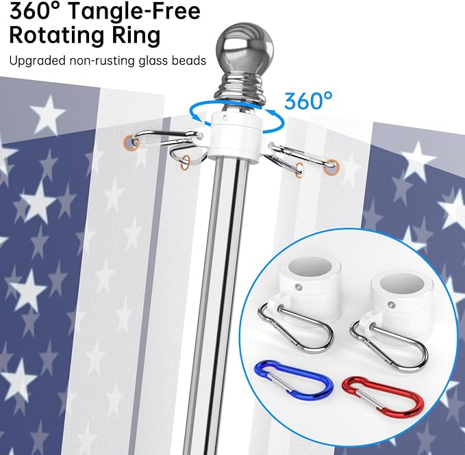 ZMTECH American Flag with Pole- 6FT Flagpoles with Upgraded Tangle Free Rings and Bracket, 1" Stainless Steel Flag Poles with Holder for Outside House, Residential or Commerical (Silver, No Light)