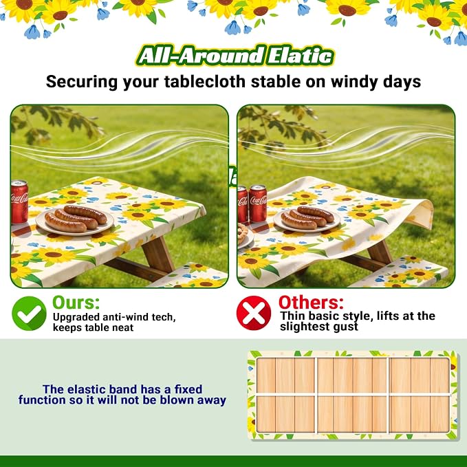 NUOLAN 6FT Picnic Table Cover with Bench Covers, Sunflower Print Windproof Waterproof Fitted Picnic Table with Elastic for Picnic, Camping, Outdoor