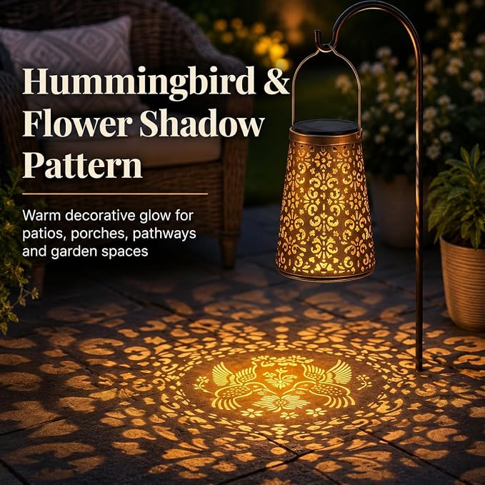 LeiDrail 2 Pack Hummingbird & Flower Solar Lanterns Outdoor, Hanging Waterproof Vintage Metal Lantern, Auto On/Off Garden Patio Yard Porch Pathway Decor, Gifts for Women Mom Grandma