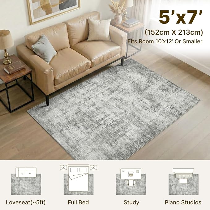 5x7 Area Rugs Washable Living Room Rug Non Slip Soft Carpets | Modern Abstract Indoor Floor Stain Resistant Carpet for Bedroom Dining Room Farmhouse Nursery Home Office Grey