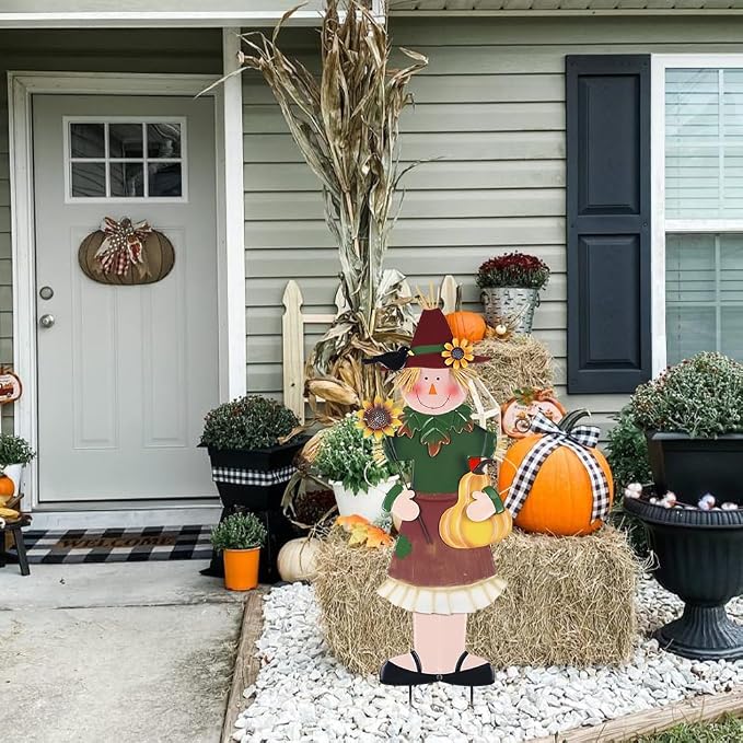 YEAHOME Outdoor Fall Decor, Metal Girl Scarecrow Garden Stakes with Sunflowers & Pumpkin for Fall Decorations, Scarecrow Yard Signs for Outside Garden Lawn Porch Thanksgiving Decorations Outdoor