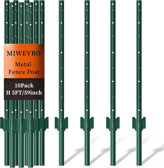 10 Pack Metal Garden Fence Posts 5 FT Green – Heavy Duty U-Post for Wire Fencing, No-Dig Fence Stakes for Temporary Fencing, Corner Anchor Posts, Rustproof Powder-Coated Steel for Farm, Yard & Garden