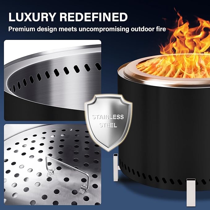 HGD 20" Smokeless Firepit with Stand, Stainless Steel Wood Burning Fire Pit for Friends & Family Gatherings, Secondary Combustion Outdoor Patio Stove for Garden BBQ & Bonfire (Black)