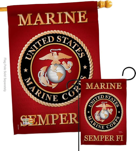 Marine Corps Garden House Flag - Set Armed Forces USMC Semper Fi United State American Military Veteran Retire Official - Decoration Banner Small Yard Gift Double-Sided Made in USA 28 X 40