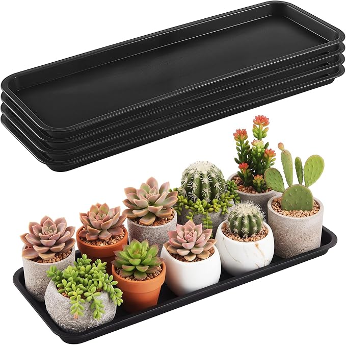 Cinnvoice 4 Pack Black 30 x 9.8 x 1.2 Inch Rectangle Plant Saucer Large Plastic Plant Tray Water Drip Trays for Windowsill Flower Pot Planter Drainage Germination Garden Outdoor Indoor Use