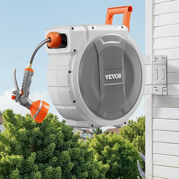 VEVOR Retractable Garden Hose Reel, 5/8 Inch x 100 ft Wall Mounted Hose Reel, Heavy Duty Garden Hose Reel with 9 Patterns Nozzle, Any Length Lock, Upgraded Slow Return System and 180°Swivel Bracket