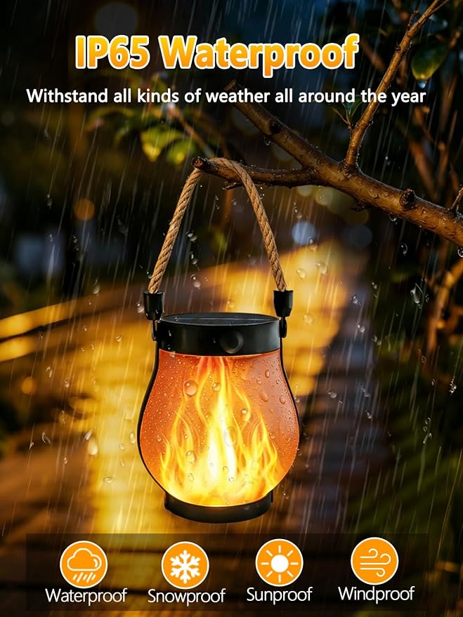 4 Pack Gen2 Solar Lanterns Outdoor Waterproof Hanging Solar Flame Lights | USB & Solar Charging, 2 Modes, Auto ON/OFF, IP65 Waterproof, Hemp Rope Handle, Indoor Outdoor for Garden Tree Tabletop Decor
