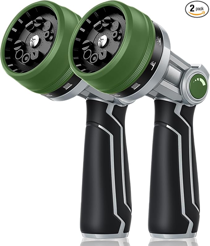 RAINPOINT Full-Metal Garden Hose Nozzle, Heavy Duty Water Hose Nozzle Sprayer With 10 Adjustable Patterns & High Flow,Thumb Control For Flow Adjustment, Ideal For Watering, Washing, Dark Green-2PCS