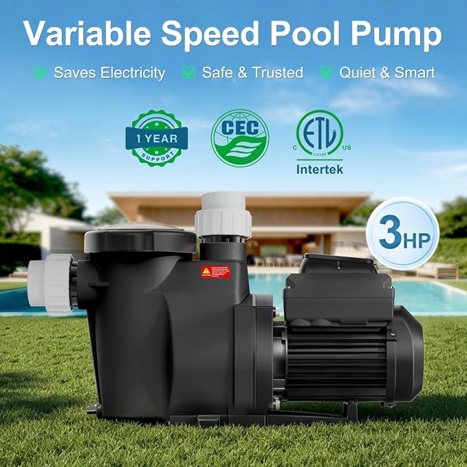 Variable Speed Pool Pump 3.0HP, Inground Pool Pump | with CEC Certified & ETL, Energy Efficient, Ultra Quiet, Built-in Timer, High Flow, Self-Priming, 230V, 1-Year Warranty