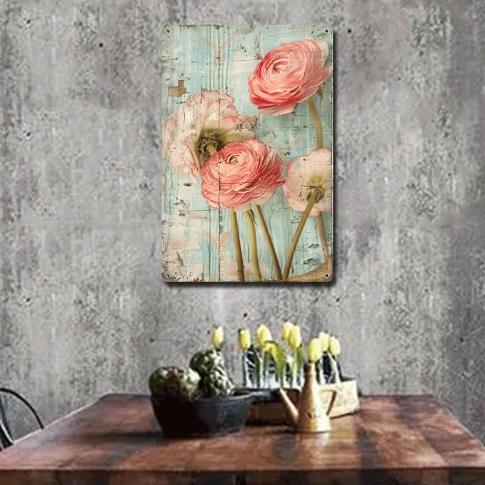 Metal Sign Tin Sign Vintage Wall Art Shabby Chic Ranunculus Tin Sign for Antique Floral Artistry Rustic Wall Art and Distressed Wood P Minimalist Wall Art for Pub 12×16 Inches