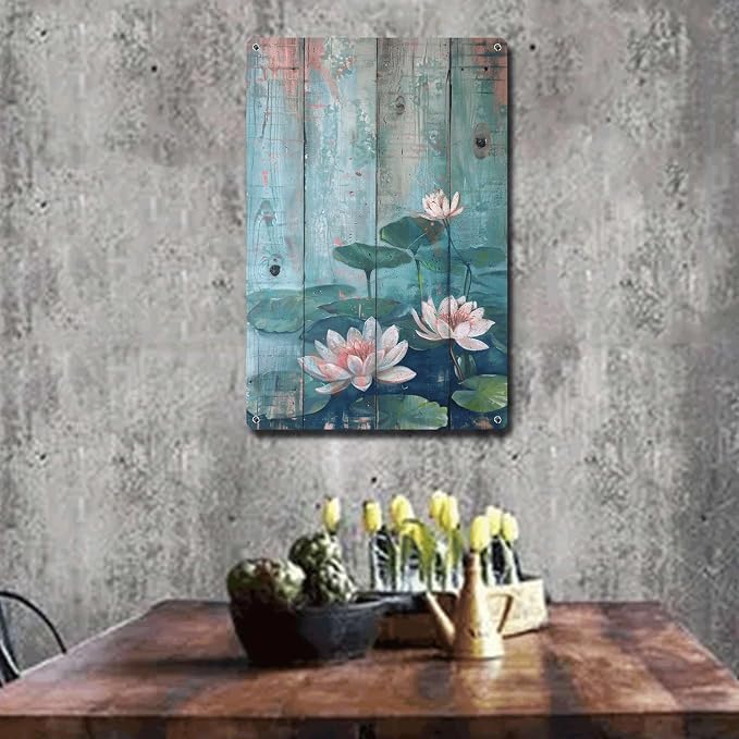 Metal Sign Tin Sign Vintage Wall Art Shabby Chic Water Lilies Tin Sign for Vintage Pond Tranquility Rustic Wall Art and Distressed Woo Toilet Decor Tin Sign for Pub 8×12 Inches