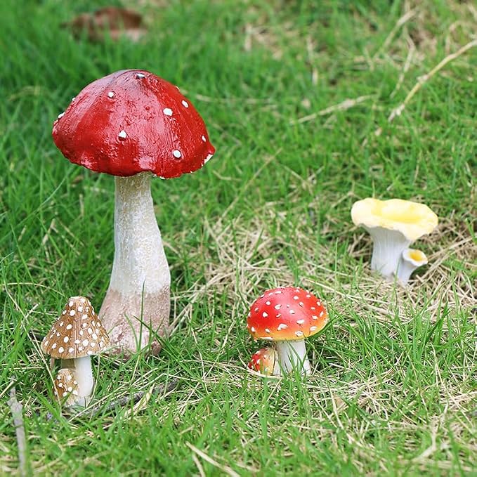 6 PCS Mushroom Decor Fairy Garden Accessories Outdoor - Assorted Sizes Resin Garden Mushrooms, Colorful Mushroom Figurines Yard Art Ornaments for Lawn, Patio, Plant Pot Decor (Four Set)