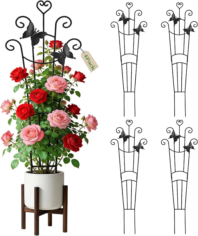 4 Pack Plant Trellis for Climbing Plants Indoor Outdoor, 33 Inch Expandable Metal Trellis for Potted Plants,Flowers Vine Ivy,Sturdy Climbing Plant Support for Indoor & Outdoor Houseplants with Ties