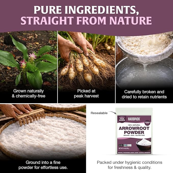 Arrowroot Powder (397g/14oz) Natural Thickener, Fine Ground | Wheat Flour Substitute | Non GMO, Gluten Free, Dairy Free | Neutral Flavor, Ideal for Baking/Cooking | Resealable Ziplock Pouch