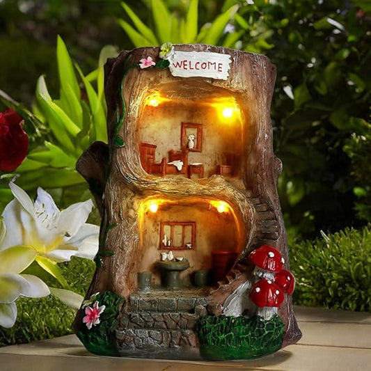 Solar Light Gnome Fairy Garden House for Outside, Big Size Fairy Miniature Buildings Accessories House Sculptures for Outdoor Garden Patio Lawn Path Decorations, 8" Tall