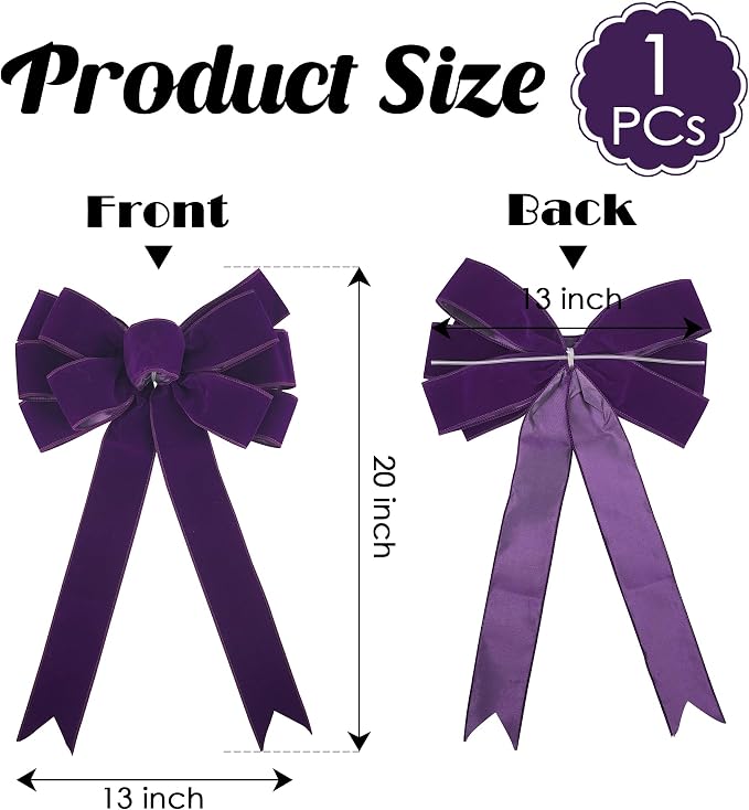 13" Purple Bow Pre-Tied Bow for Christmas Tree, Purple Velvet Ribbon Bow for Wreaths, Tree Toppers Bow, Premade Bow, Gift Bow for Party Favor, Christmas Home Indoor Outdoor Decor-1 Counts