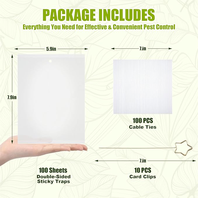 100 Pcs Gnat Sticky Traps for Plants, Transparent Double Sided Indoor Outdoor Pest Control for Fungus Gnats, Fruit Flies, Whiteflies, Aphids & Leaf Miners, Includes 10 Card Clips & 100 Twist Ties