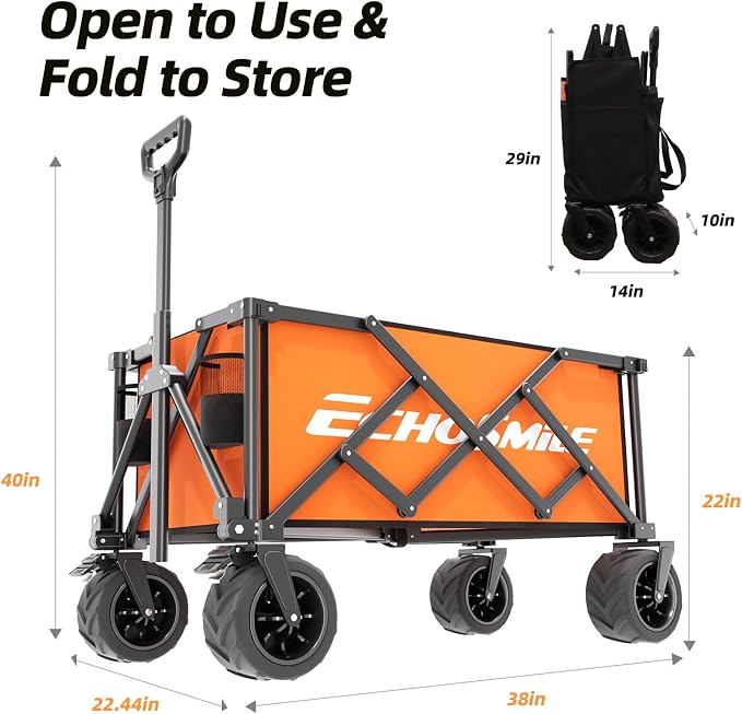 EchoSmile Collapsible Folding Wagon Cart with Compact Storage - 400Lbs Capacity All Terrain Utility Cart for Camping, Beach, Grocery, Garden,Orange
