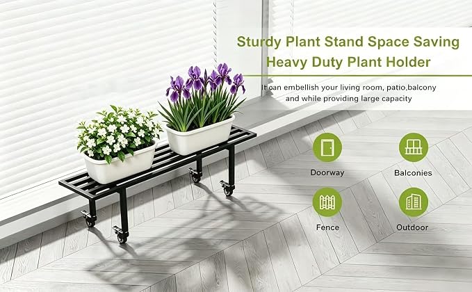 Zhongma One Tier Metal Plant Stand with Wheels,(35.43 L x 8.66 W x 10.3 H) Heavy Duty Plant Holder for Home, Window,Garden, Plant Lovers, Display Stand