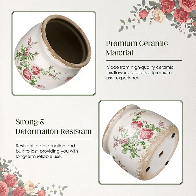 7.7" Large Ceramic Plant Pot Beige Red Romantic Rose Crackle Glaze Rustic Flowers Pot Decorative Planter with Drainage for Indoor Outdoor Plants Home Kitchen Office Decor Gift