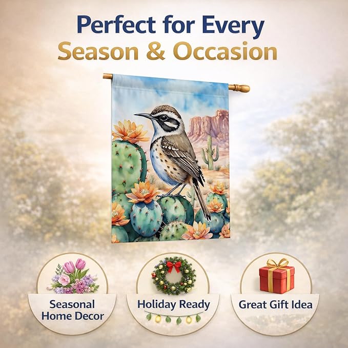 Caroline's Treasures Arizona Cactus Wren House Flag Large Porch Sleeve Pole Decorative Outside Yard Banner Artwork Wall Hanging, Polyester, House Size, Multicolor