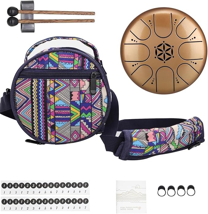 Rain Drum for Outside Garden,Steel Tongue Drum with Carry Bag, 5 Inch 8 Note Handpan Tank Drum Kit, C Major Tongue Drum Instrument (Yellow)