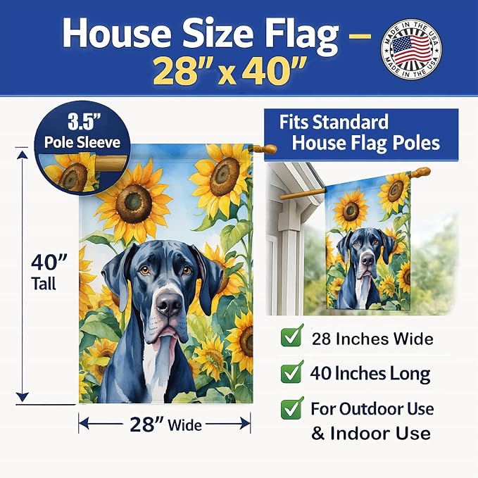 Caroline's Treasures DAC6091CHF Great Dane in Sunflowers House Flag Large Porch Sleeve Pole Decorative Outside Yard Banner Artwork Wall Hanging, Polyester, House Size, Multicolor