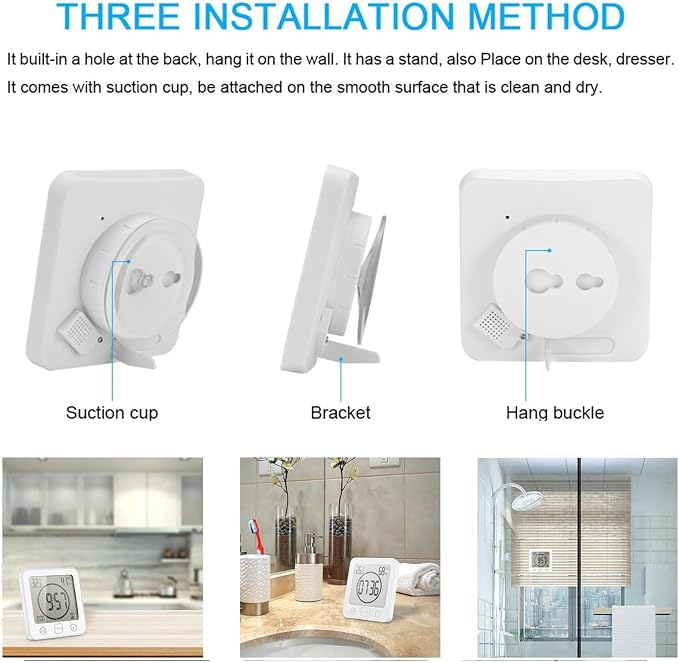 Digital Bathroom Shower Wall Clock Timer, LCD Digital Wall Clock with Suction Waterproof Temperature Humidity Gauge, Touch Screen Timer, Large Countdown Visual Timers Hanging Wall Clock (White)