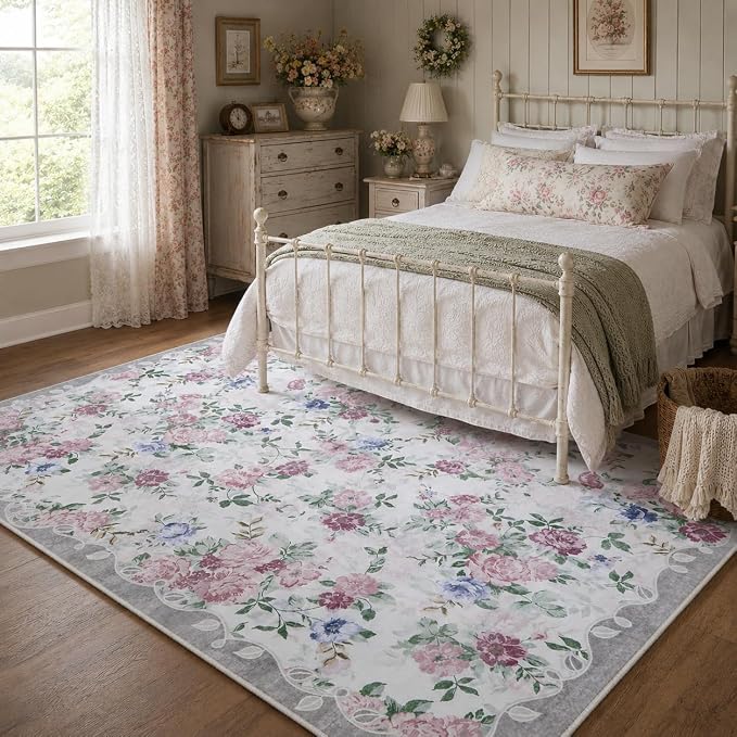 Lahome Purple Rugs for Bedroom, Floral 5x7 Area Rug | Vintage Living Room Rug Non Slip Low Pile Ultra-Thin Large Carpet for Farmhouse Dining Room Kids Nursery Nina (Purple/Grey)