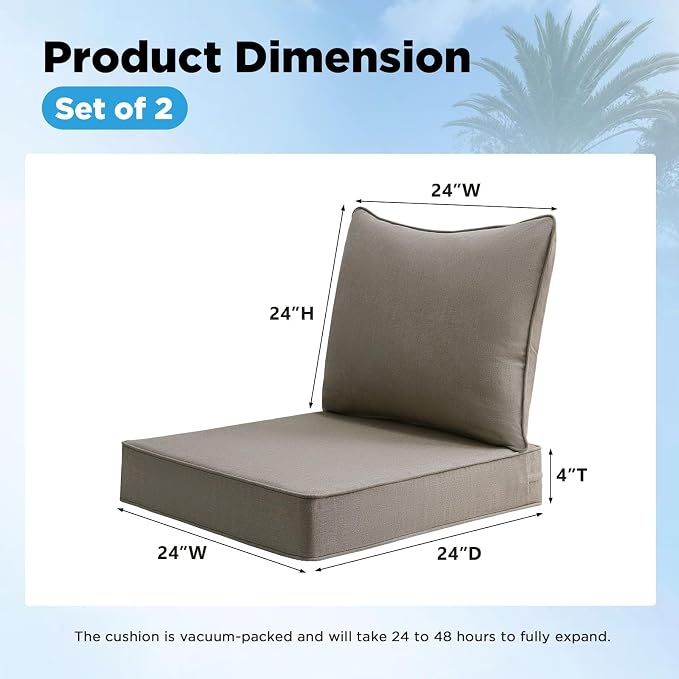 Sunbrella Outdoor Deep Seat & Back Cushion Set (2-Pack), 24 x 24 Inch Water Repellent and Fade Resistant Patio Furniture with Removable Cover for Outside Sofa Couch, Cast Shale