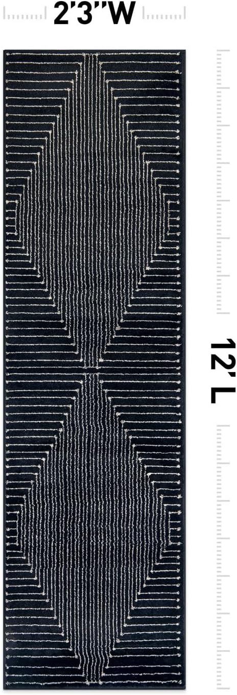 Rugshop Contemporary Bohemian Stripe Runner Rug 2'3" x 12' Black | Jute Backing, Soft Medium Pile, Stain Resistant, No Shedding, Hallway, Kitchen, Entryway, Foyer, Staircase, Corridor