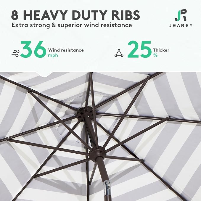 JEAREY 10FT Patio Umbrellas Outdoor Table Umbrella with Push Button Tilt and Crank, Market Umbrella 8 Sturdy Ribs UV Protection Waterproof for Pool, Garden (Black & White Stripe)