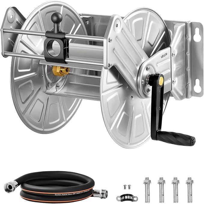 VEVOR Wall Mounted Garden Hose Reel, Holds 150 ft 5/8-inch Water Hose Winder, Heavy-Duty Stainless Steel, Outdoor Manual Reel with Brass Fitting & Hose Guide, Space Saving, for Yard Lawn Garage