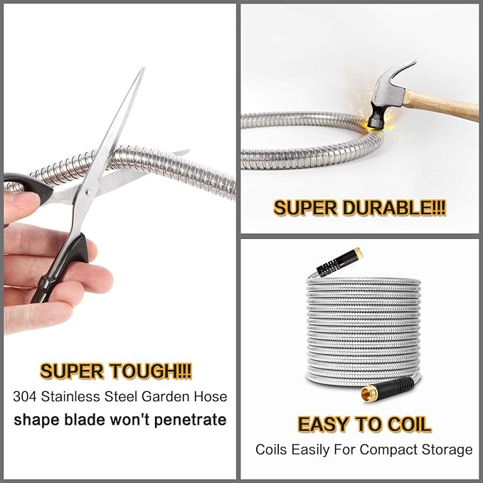 Flexible Metal Garden Hose 75ft-Heavy Duty Water Hose with Durable 304 Stainless Steel and 10 Way Spray Nozzle-Strong 3/4'' Solid Brass Fittings-Outdoor Yard No Kink Lightweight Long Hose Pipe