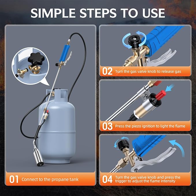 Propane Weed Torch Burner with 11.5FT Hose, Self-Igniting Heavy Duty Flame Weeder with Turbo Trigger, Adjustable Outdoor Torch for Driveway, Garden, Yard, Ice and Snow (Blue)