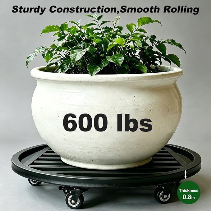22" Round Plant Stand with Wheels Heavy Duty,Large Metal Plant Caddy Indoor Outdoor Use,Rolling Plant Dolly with Industrial Casters,Rust-Proof Black Plant Tray for Large Planters Pots,2-Pack