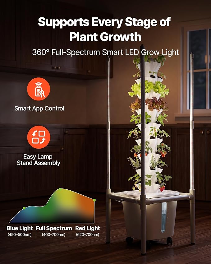 VEVOR Hydroponic Tower, 45 Pods 9 Tiers Hydroponics Growing System Kit with LED Grow Light, App Control & Casters, Vertical Home Garden with 20L Water Tank & Pump for Indoor Herbs, Fruits, Vegetables