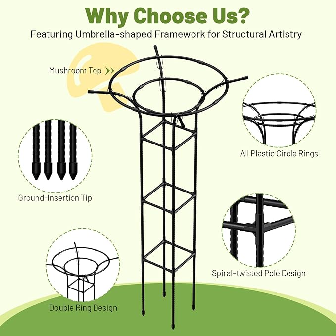 2pcs Garden Trellis for Climbing Plants Outdoor, 65 Inch Mushroom Top Trellis for Climbing Plants, Plant Trellis Support for Potted Plants Climbing Vine Rose Clematis Vegetable Trellis
