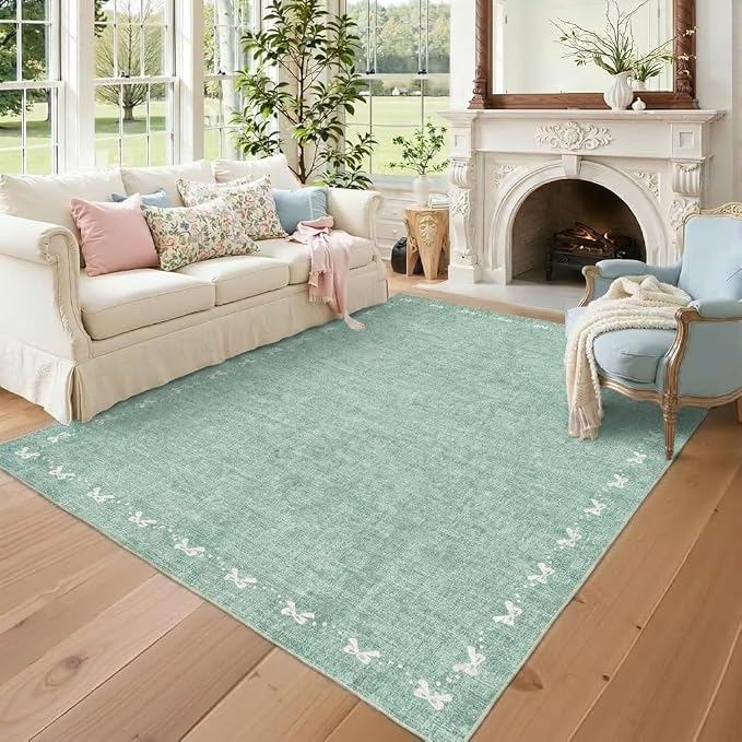COZYLOOM Bow Border 5x7 Living Room Rugs Modern Printed Washable Nursery Rug, Non Slip Non Shedding Accent Rug Stain Resistant Low Pile Farmhouse Mats for Bedroom, Dining Room, Office, Green