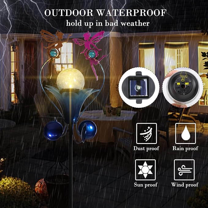 Decorative Solar Outdoor Light, Fairy Glass Globe Stake For Lawn Yard | Solar Fairy Lights With Wind Spinner Design, Crackle Glass Globe, Auto On/Off For Garden, Lawn, Yard
