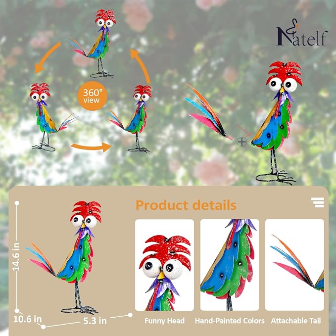 Natelf Outdoor Wacky Metal Rooster Yard Statue Decoration | Garden Statues, Chicken Figurine, Courtyard Decoration, Holiday Gift