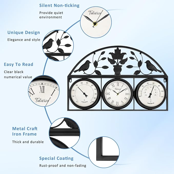 26Inch Large Outdoor Clock,Waterproof Wall Clock with Thermometer and Hygrometer Combo,Weatherproof Non-Ticking Battery Operated Decor Clock for Patio,Garden,Pool,Porch,House Warming Gifts