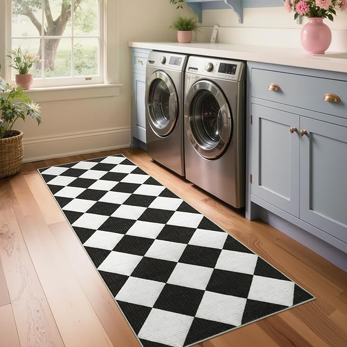 GarveeHome Checkered Rug Runners Hallway 2x6 Black and White Kitchen Runner | Non Slip Soft Diamond Print Entryway Rug Thin Laundry Mat Stain Resistant Carpet for Bedroom Bathroom Beside