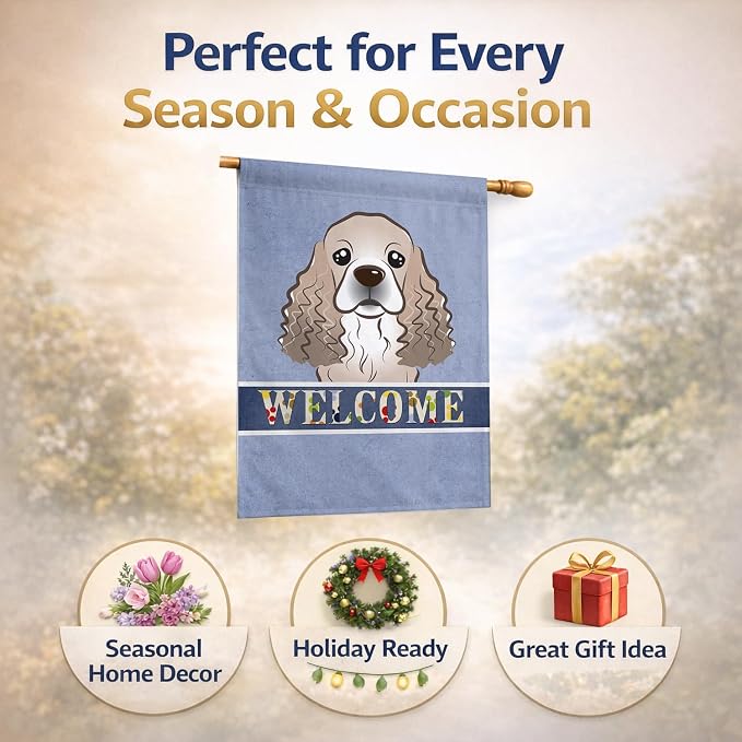 Caroline's Treasures BB1402CHF Cocker Spaniel Welcome House Flag, Blue Large Porch Sleeve Pole Decorative Outside Yard Banner Artwork Wall Hanging, Polyester, House Size, Multicolor