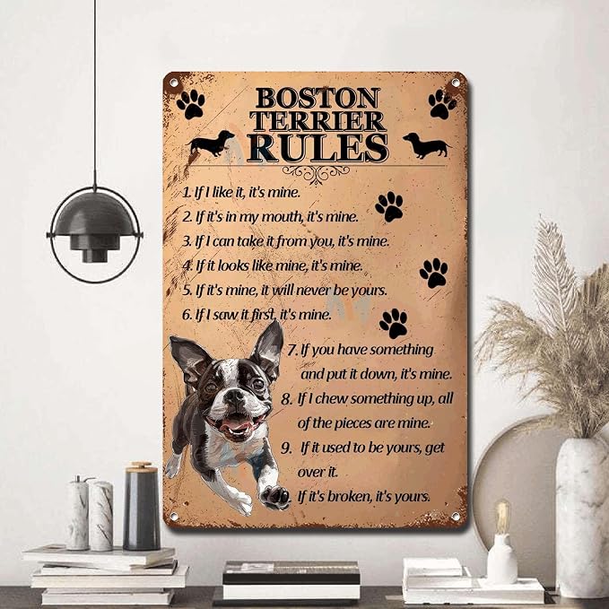 Metal Sign Tin Sign Vintage Wall Art Boston Terrier Rules Sign for Garden for Home Decor 6×8 Inches