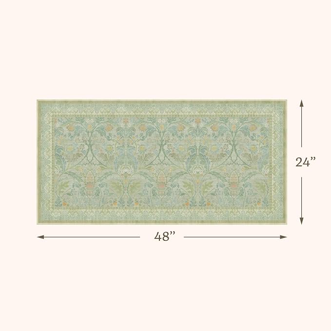 2x4 Small Green Kitchen Rugs Non Slip, Floral & Botanical Shabby Chic Washable Low Pile Area Rug for Bedroom, Bathroom, Mudroom, Powder Room